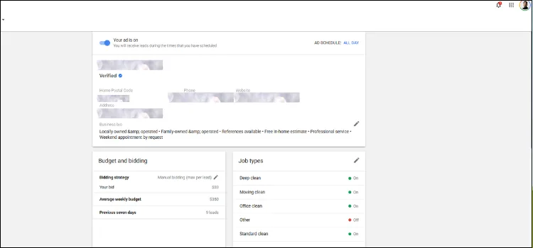 Google LSA business verification page showing active status for background check, business license, and insurance